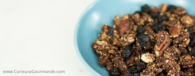 Recette de granola maison : cacao, pacanes, noisettes, bleuets séchés | CurieuseGourmande.com